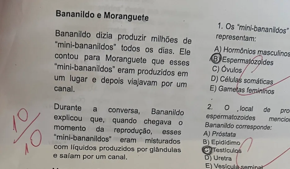 Questão de ciências Bananildo reprodução humana erro didático TikTok escola