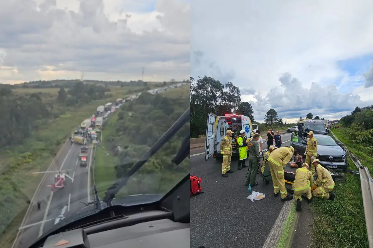 Foto aérea de acidente grave na BR-277 entre van e caminhão com equipes de emergência.
