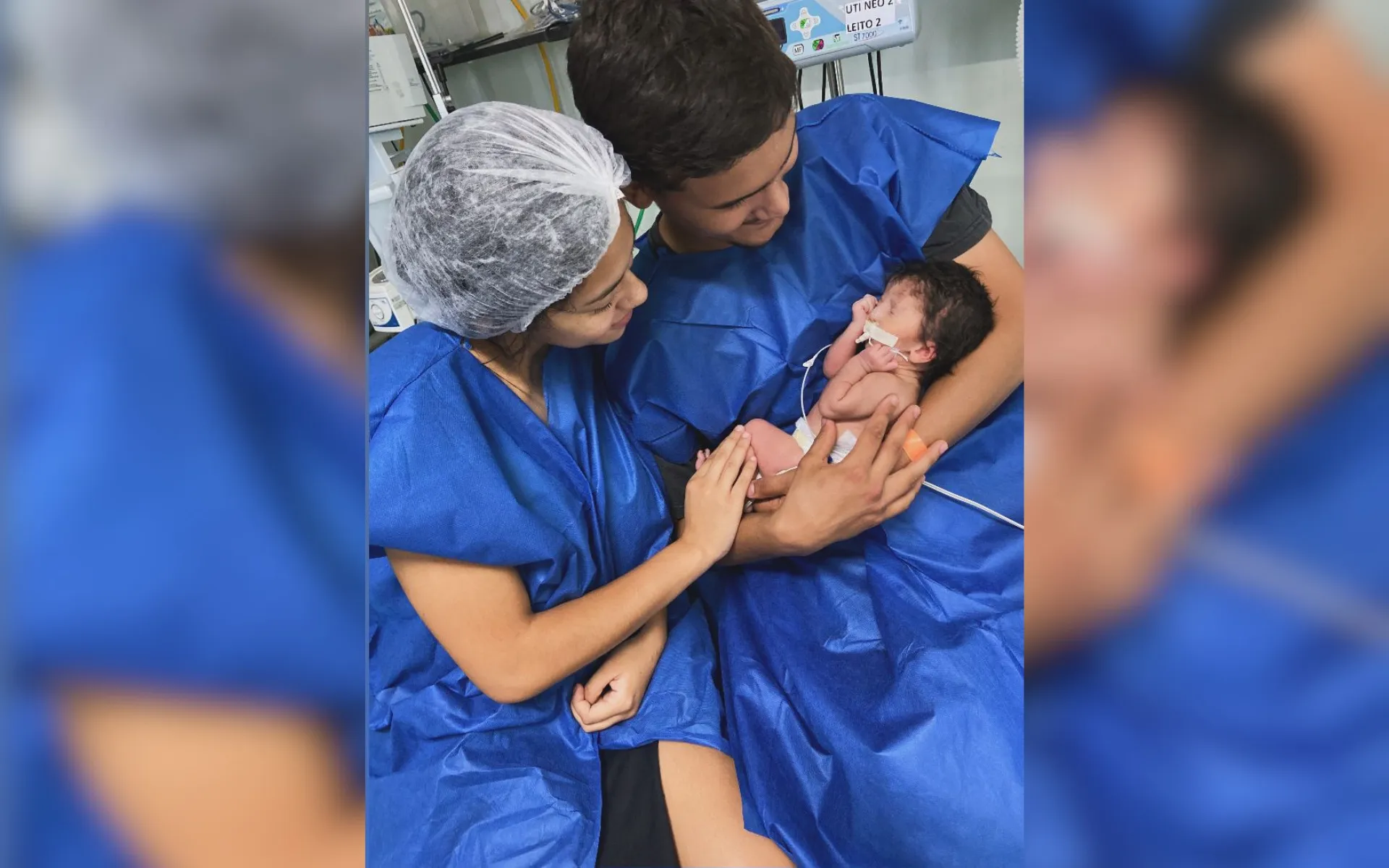 Bebê Celine com pais Tais e Gabriel após alta do hospital em Araçatuba