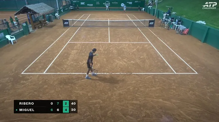 Guto Miguel, tenista brasileiro de 17 anos, em partida de tênis em quadra de saibro na Bolívia.