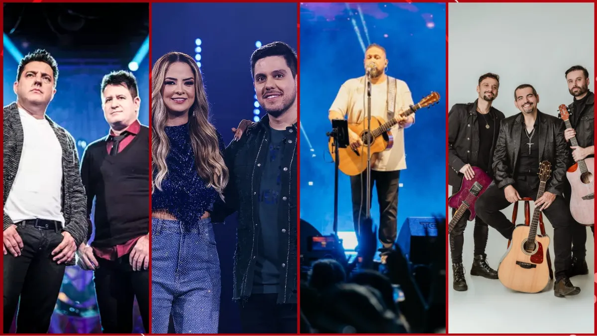 Pessoas assistindo a shows de música ao vivo durante as festas de aniversário de Ipatinga e Timóteo.
