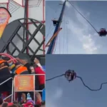 Bombeiros e polícia resgatando crianças de atração com cabo rompido em Sevilha