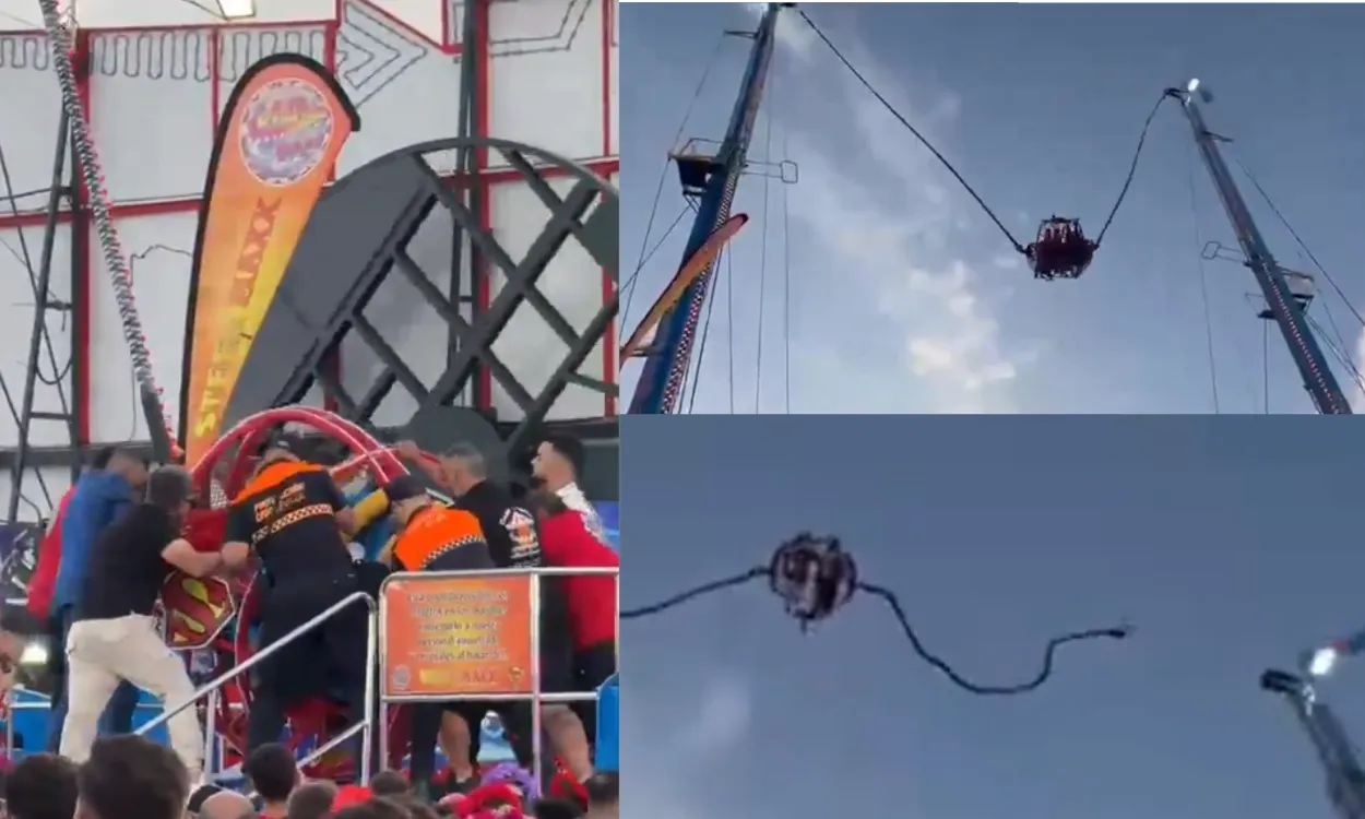 Bombeiros e polícia resgatando crianças de atração com cabo rompido em Sevilha