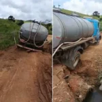 Caminhão de leite preso em desvio improvisado na RJ-206, Cambuci