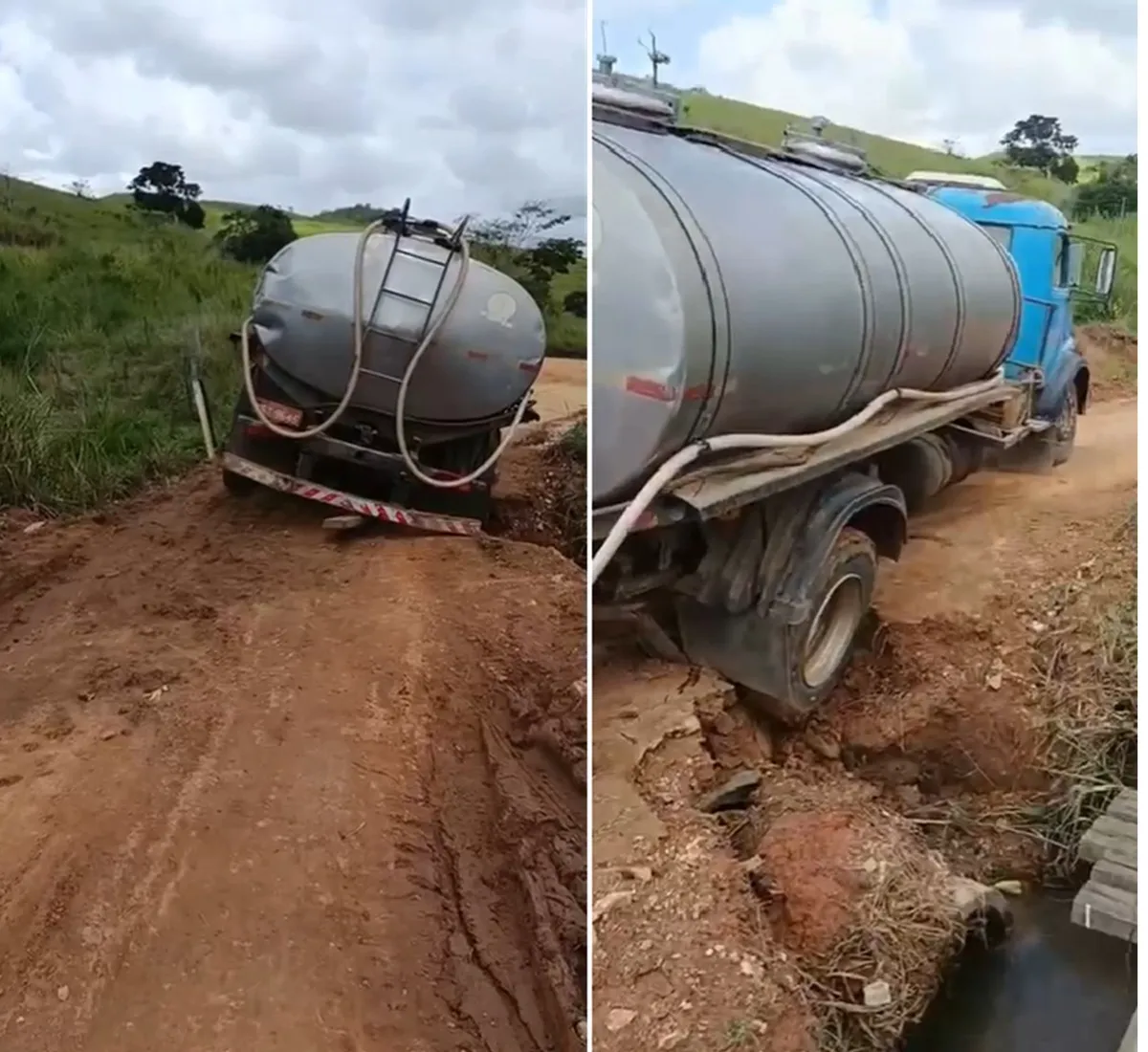 Caminhão de leite preso em desvio improvisado na RJ-206, Cambuci