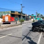 Acidente com caminhão dos bombeiros em Mogi das Cruzes, poste caído, carro danificado