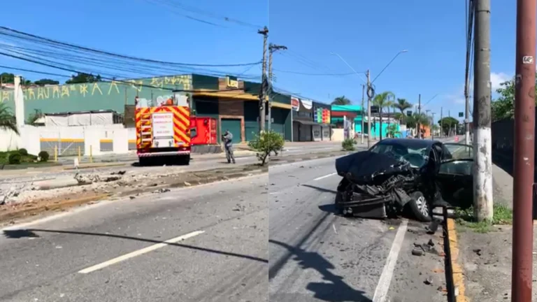 Acidente com caminhão dos bombeiros em Mogi das Cruzes, poste caído, carro danificado