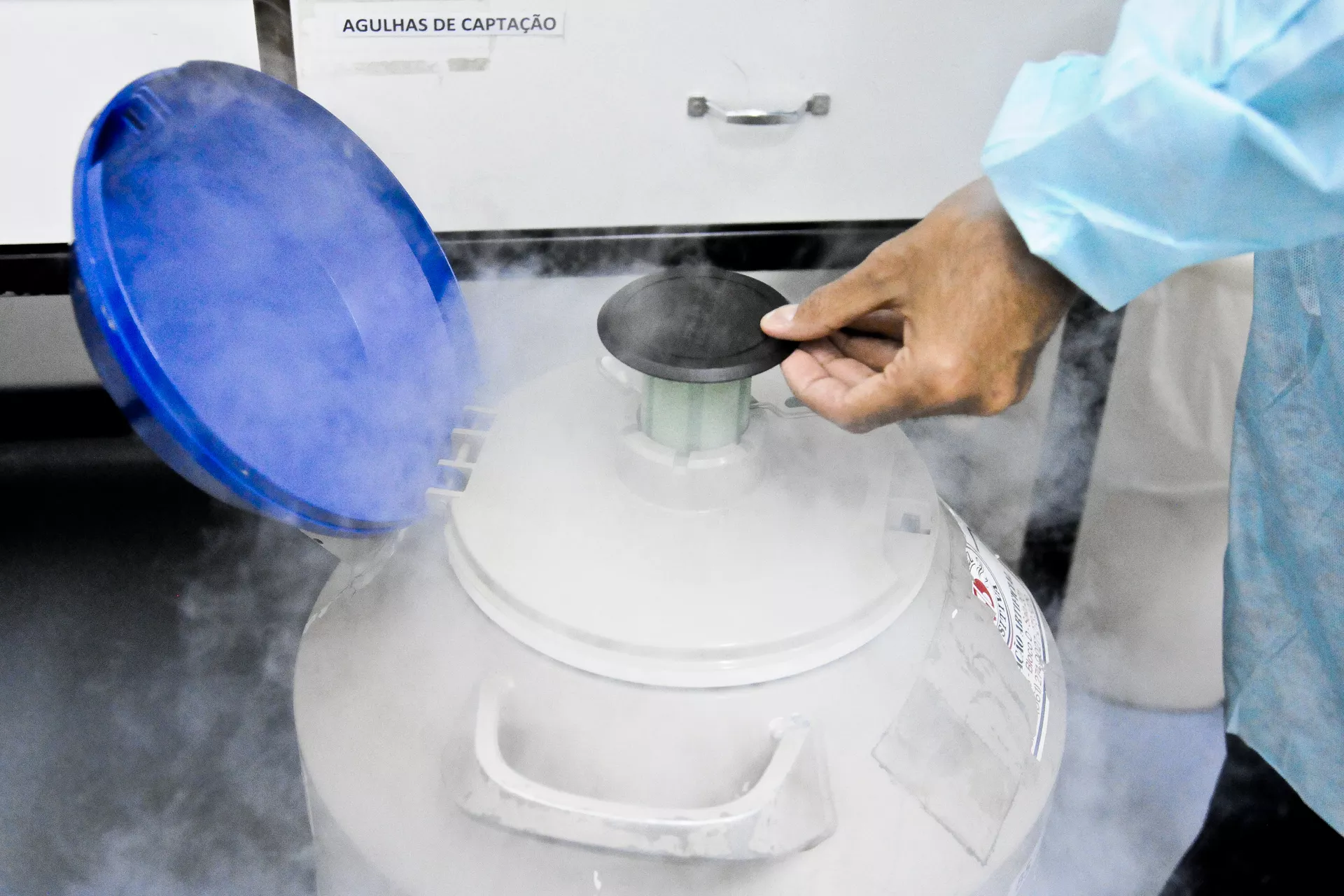 Tanques de nitrogênio líquido com embriões congelados em laboratório de Ribeirão Preto