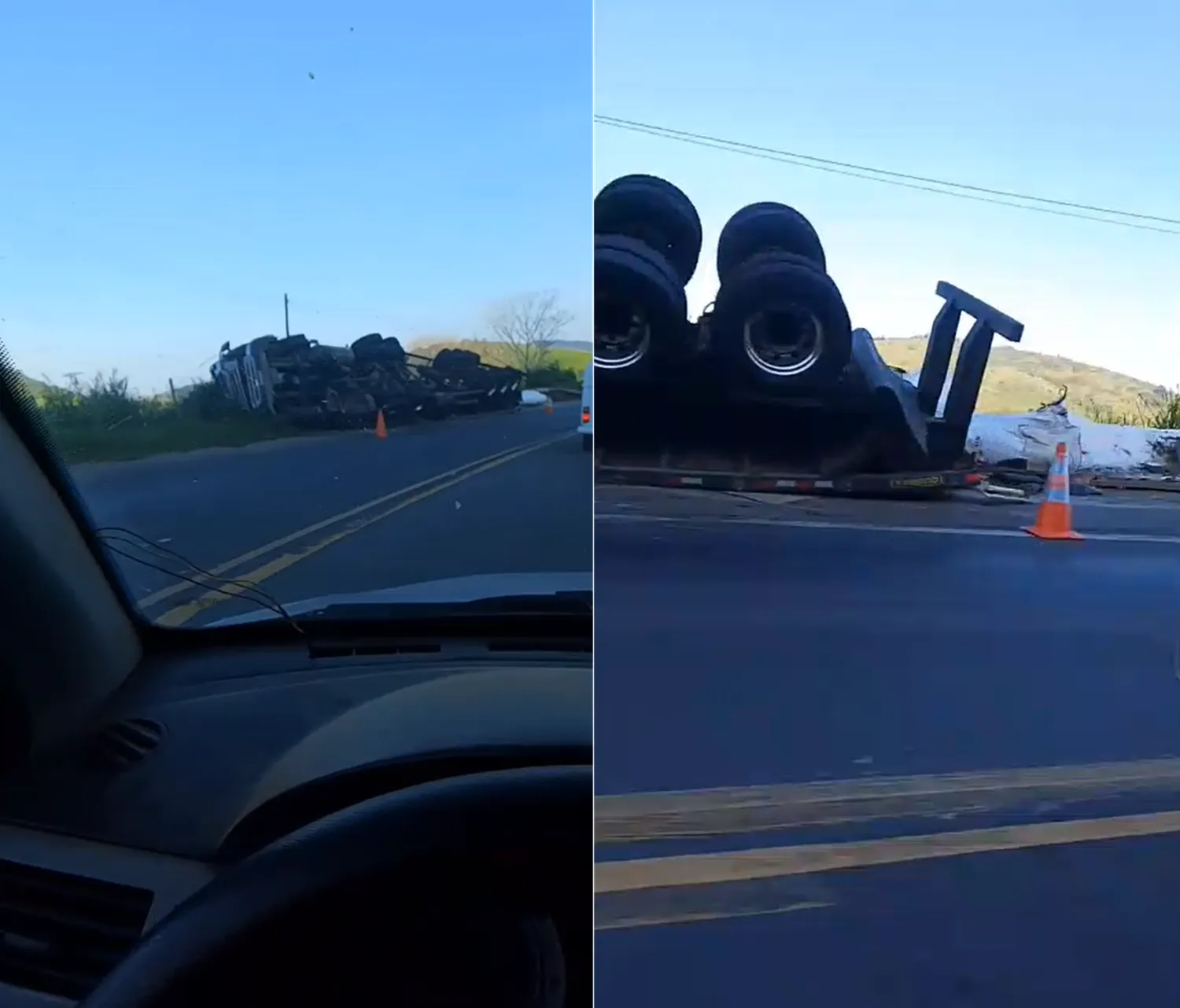 Carreta de sal tombada, BR-356, Bom Jesus do Itabapoana, acidente rodovia, sal espalhado