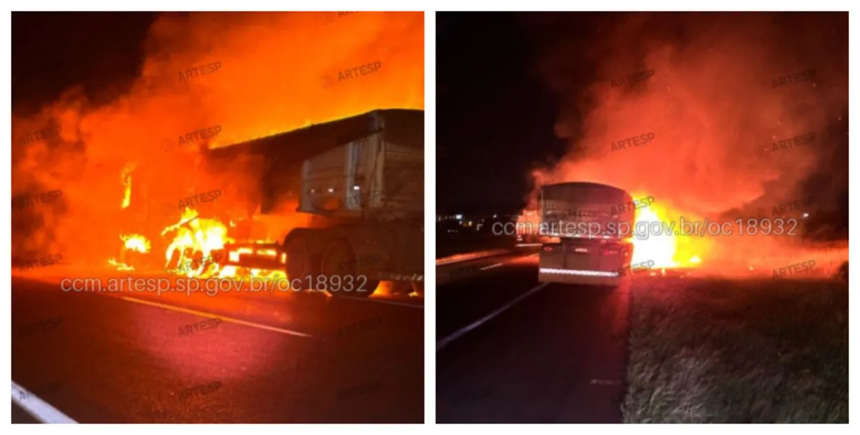 Incêndio em carreta de açúcar na Rodovia Washington Luís, SP