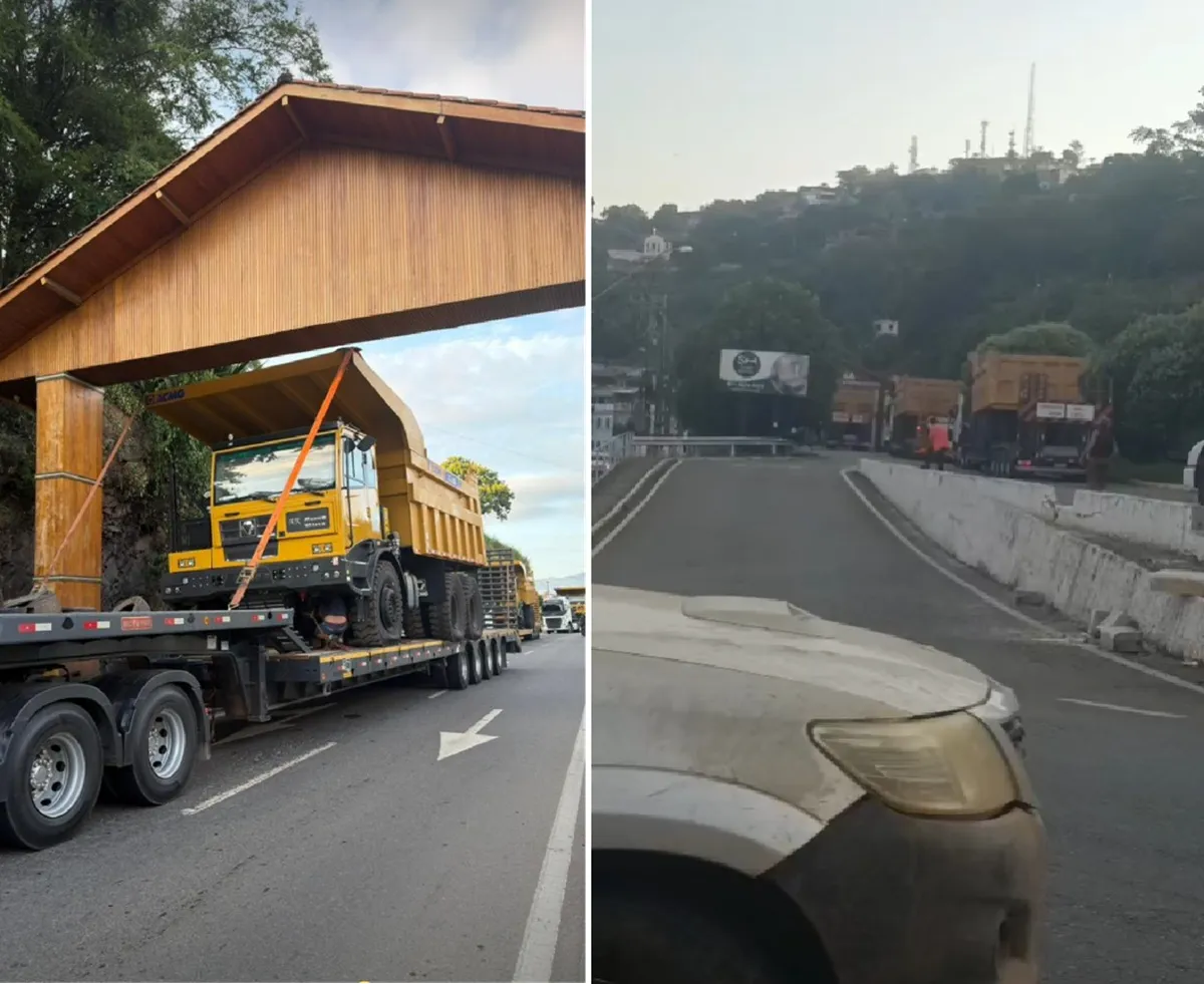 Carreta de mineração bloqueando portal de acesso em Itaperuna, causando lentidão no trânsito e a intervenção da Guarda Civil Municipal