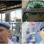 Balança da justiça com símbolos militar e civil, representando o Caso Gisele e a decisão do STJ.