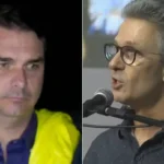 Flávio Bolsonaro e Romeu Zema juntos em evento político, com a notícia de que o Centrão rejeita Zema para vice.