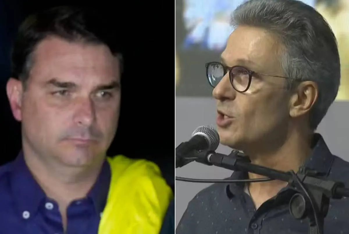 Flávio Bolsonaro e Romeu Zema juntos em evento político, com a notícia de que o Centrão rejeita Zema para vice.