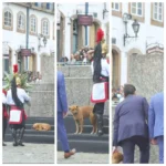 Cachorro caramelo dormindo em monumento durante cerimônia da Medalha da Inconfidência em Ouro Preto.