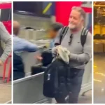 Mão furtando mochila de carrinho de bagagem em aeroporto movimentado