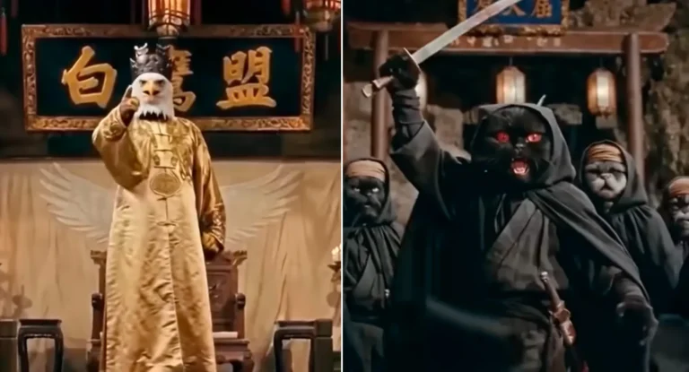 Águia e gato estilizados com fundo de IA, representando o uso de tecnologia na propaganda de conflitos entre EUA e Irã.