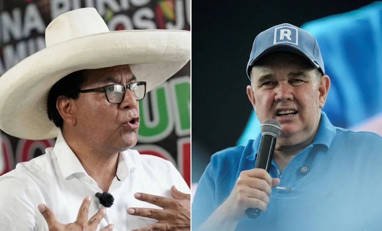 Oficiais eleitorais peruanos em processo de contagem e revisão de votos, com muitas atas e cédulas visíveis.