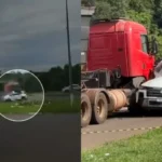 Cena de acidente fatal na BR-277, Paraná, com veículo arrastado por caminhão