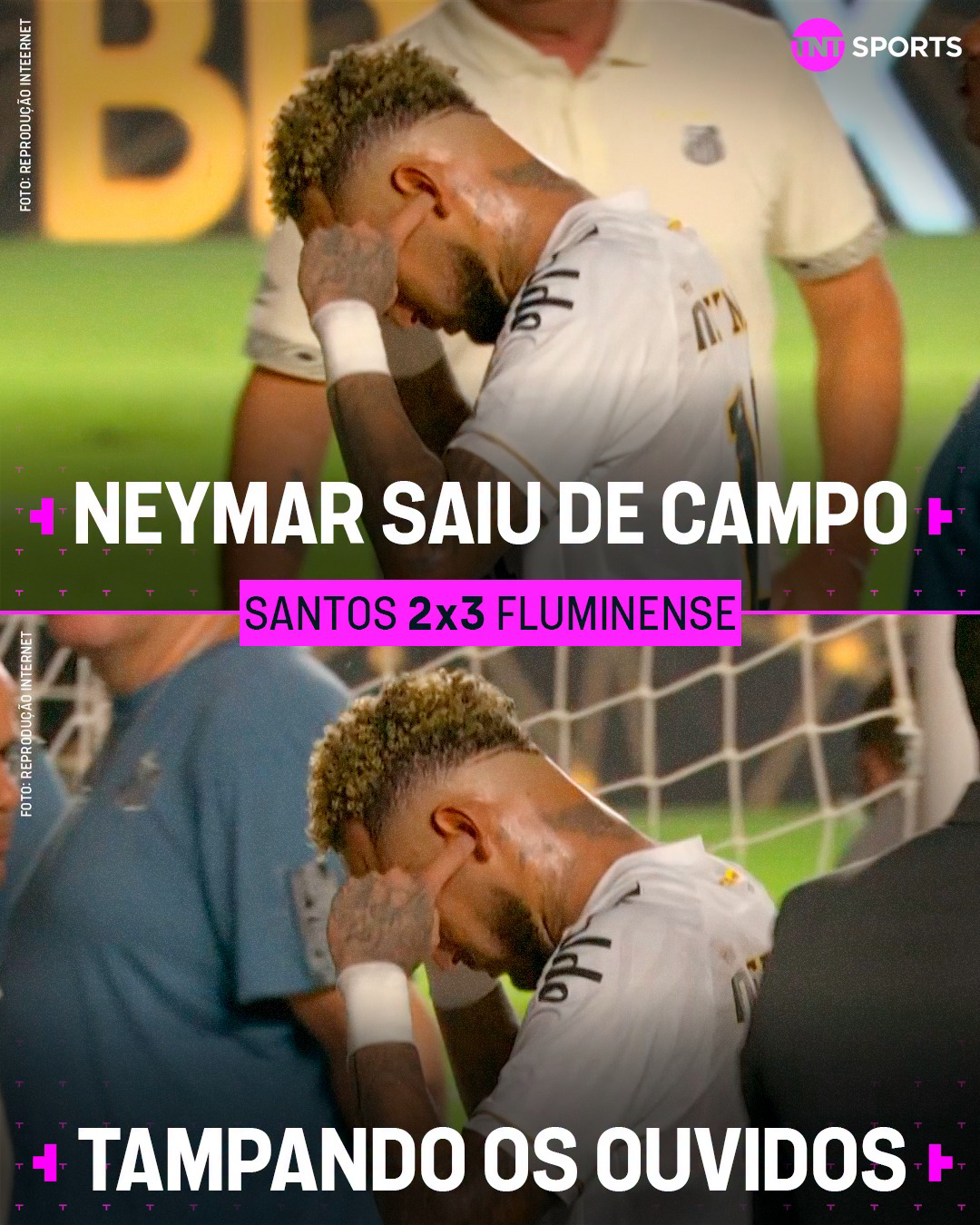 Neymar com a mão na orelha durante jogo do Santos