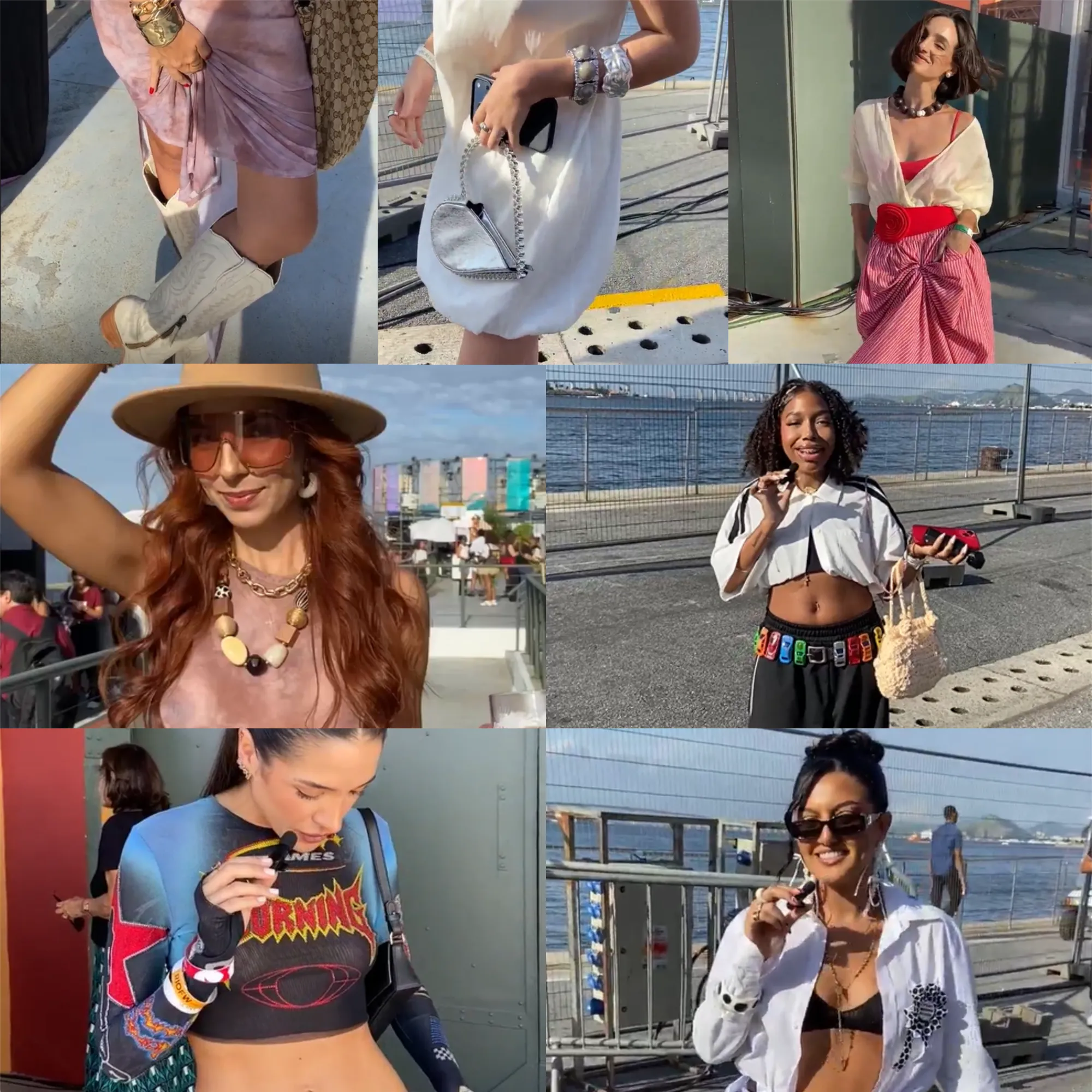 Pessoas com looks variados no Rio Fashion Week, alguns baratos, outros luxuosos.