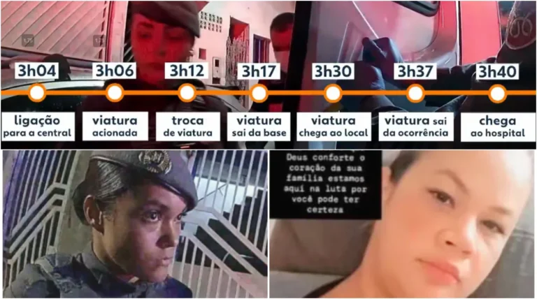 Viaturas policiais e ambulância em cena de ocorrência noturna na Zona Leste de São Paulo, durante investigação da morte de Thawanna Salmázio por policial militar.