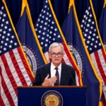 Jerome Powell, presidente do Fed, durante coletiva de imprensa