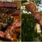 Cortes de carne bovina para churrasco em tábua de madeira