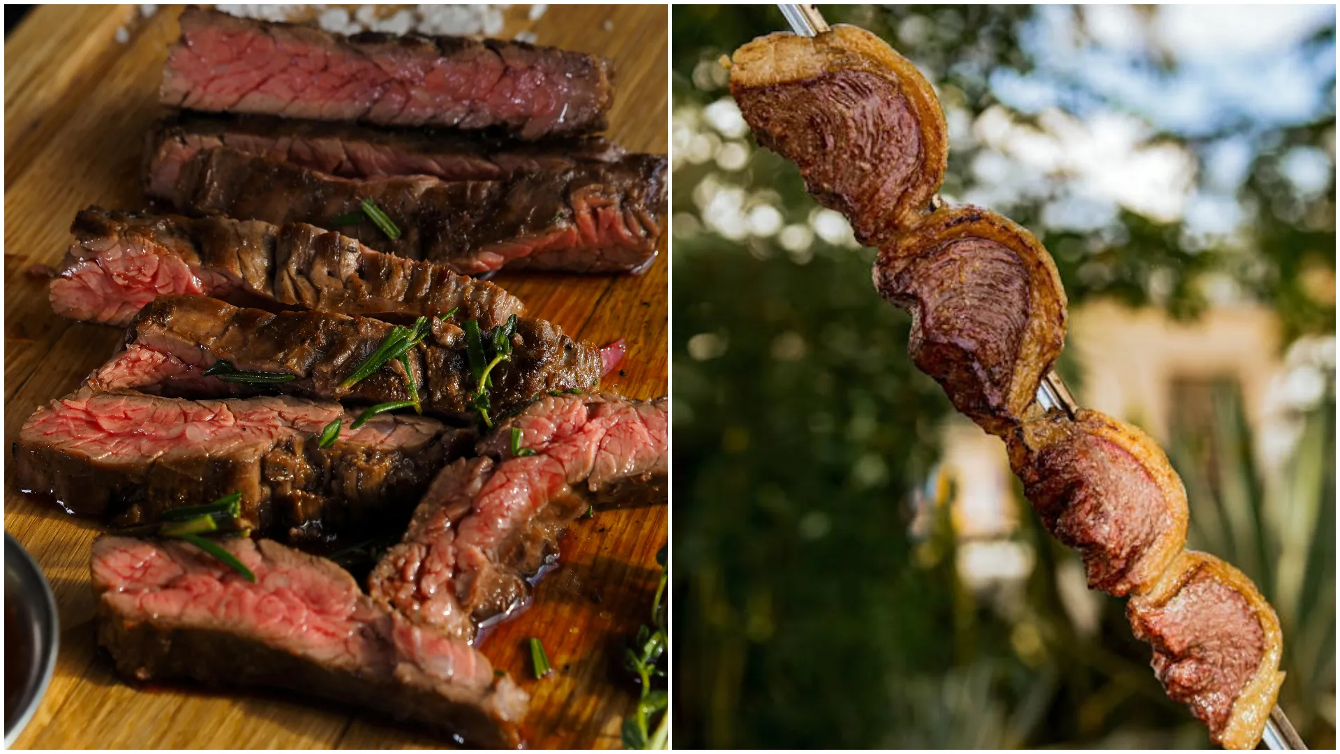 Cortes de carne bovina para churrasco em tábua de madeira