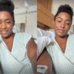 Erika Januza internada com infecção renal, segurando copo de água
