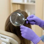 Mulher recebendo diagnóstico capilar com dermatoscópio