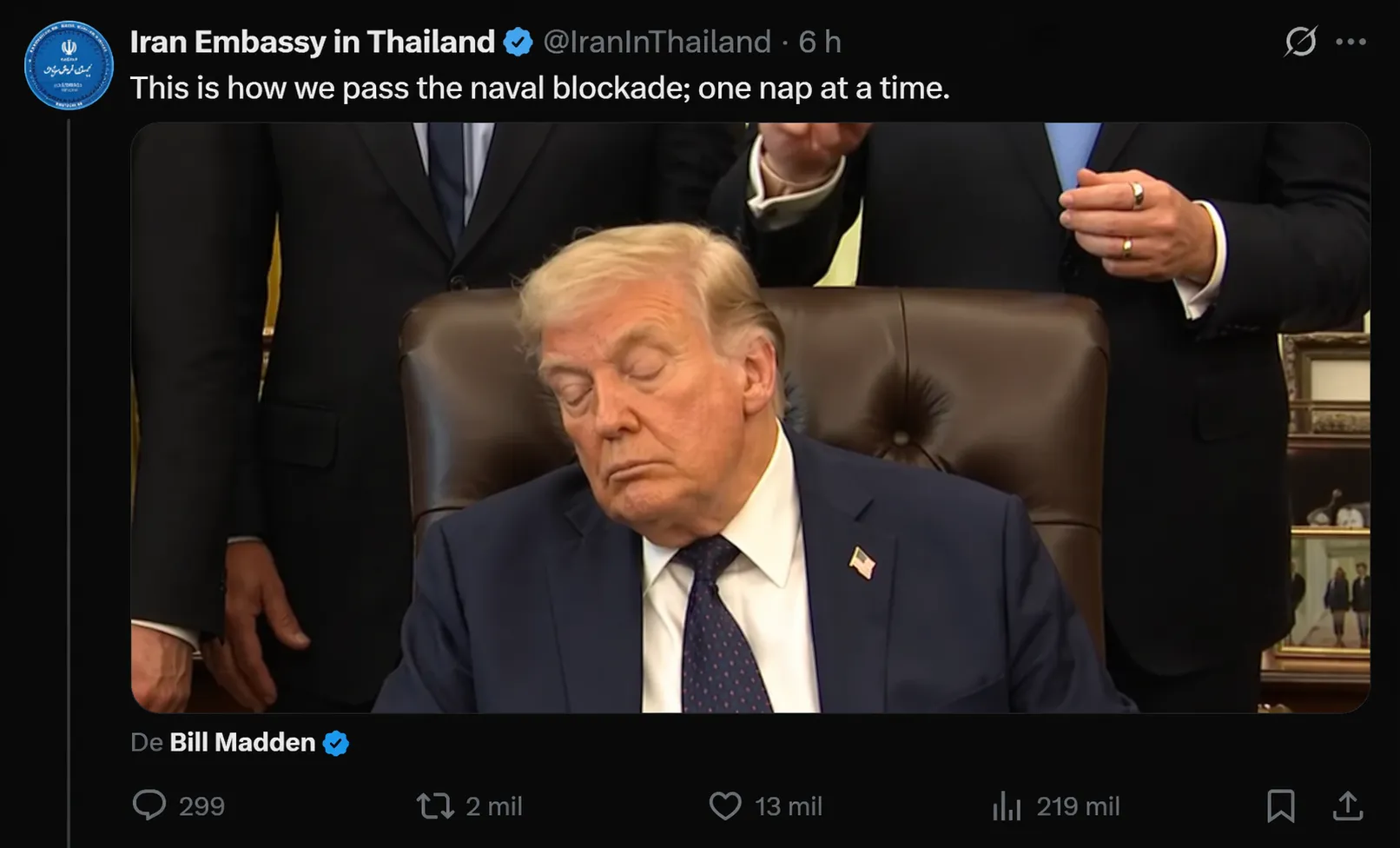 Trump dormindo, provocação Irã, coletiva de imprensa