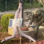 Tela de computador exibindo análise de imagem falsa de soldado israelense e estátua de Jesus com selo FAKE e especialista forense.
