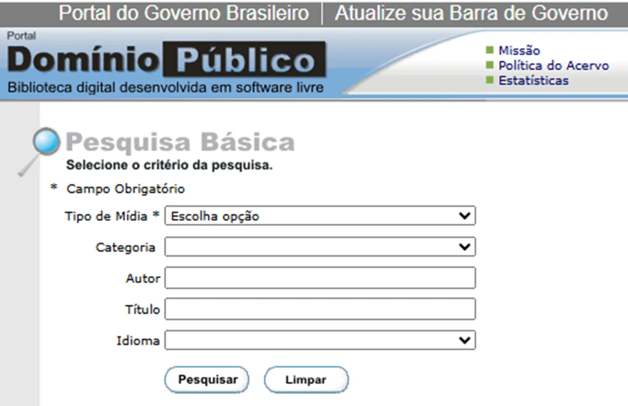 Página inicial do site Domínio Público com livros e documentos