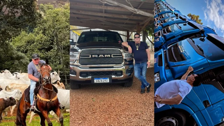 Foto de Celso Fruet, empresário do Paraná condenado por golpe de R$ 20 milhões contra agricultores, com carros de luxo ao fundo.