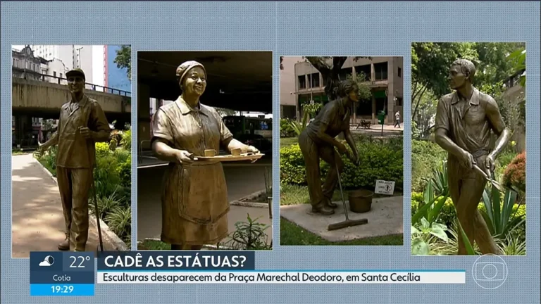 Estátuas de bronze de gari, copeira, jardineiro e auxiliar de limpeza em restauração, Praça Marechal Deodoro, SP