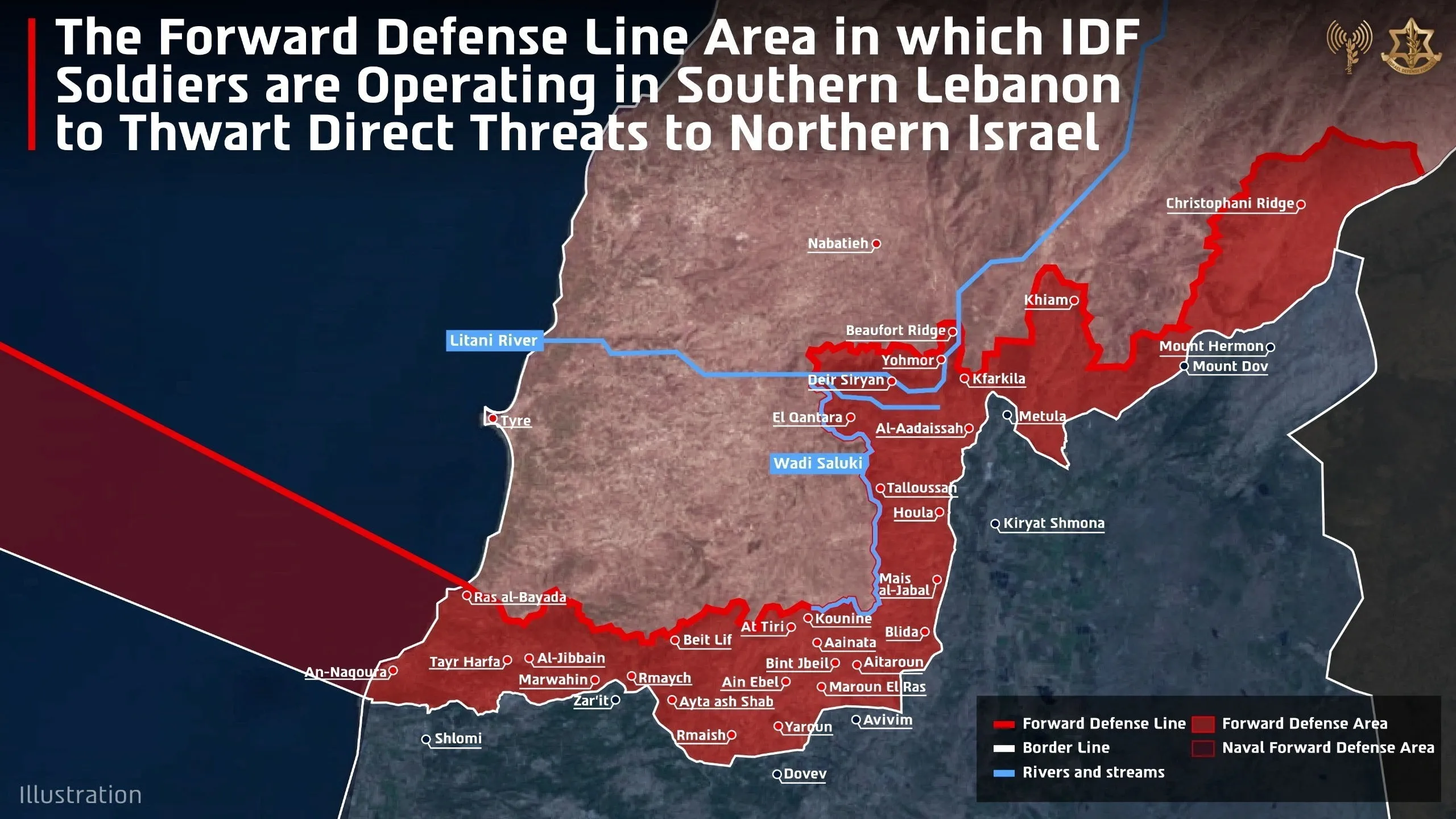 Mapa militar mostrando o controle de Israel em parte do sul do Líbano
