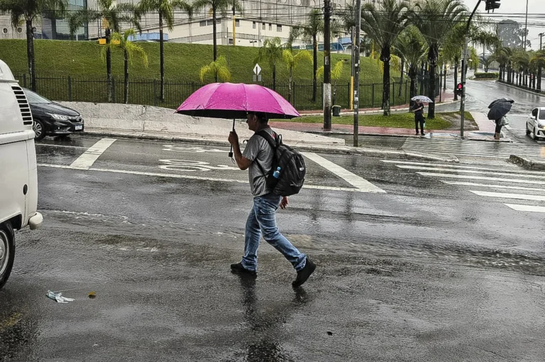 Pedestres com guarda-chuvas enfrentando chuva e vento na cidade de São Paulo
