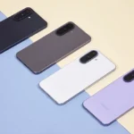 Celulares Samsung Galaxy A37 e A57 lado a lado, exibindo suas telas com interface de IA e opções de cores azul, cinza e lavanda.