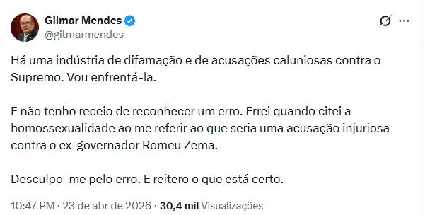 Gilmar Mendes pedindo desculpas, ministro Gilmar Mendes, Romeu Zema, polêmica STF