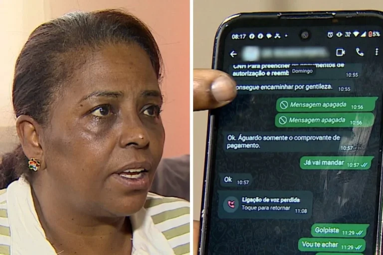 Celular com mensagem de golpe do falso médico e mãos de uma pessoa preocupada