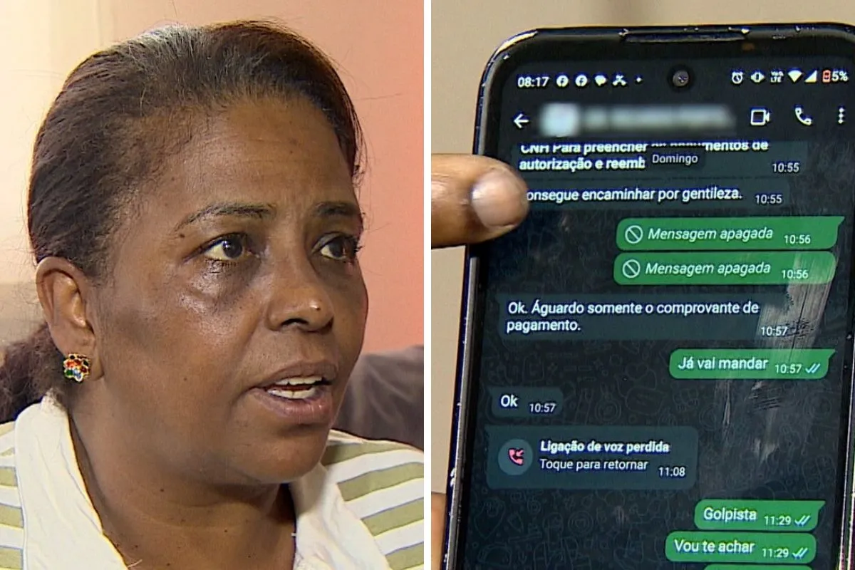 Celular com mensagem de golpe do falso médico e mãos de uma pessoa preocupada