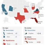 Mapa eleitoral dos EUA, distritos eleitorais, redesenho de fronteiras, gerrymandering, política americana, eleições midterms, Trump, democratas, republicanos.