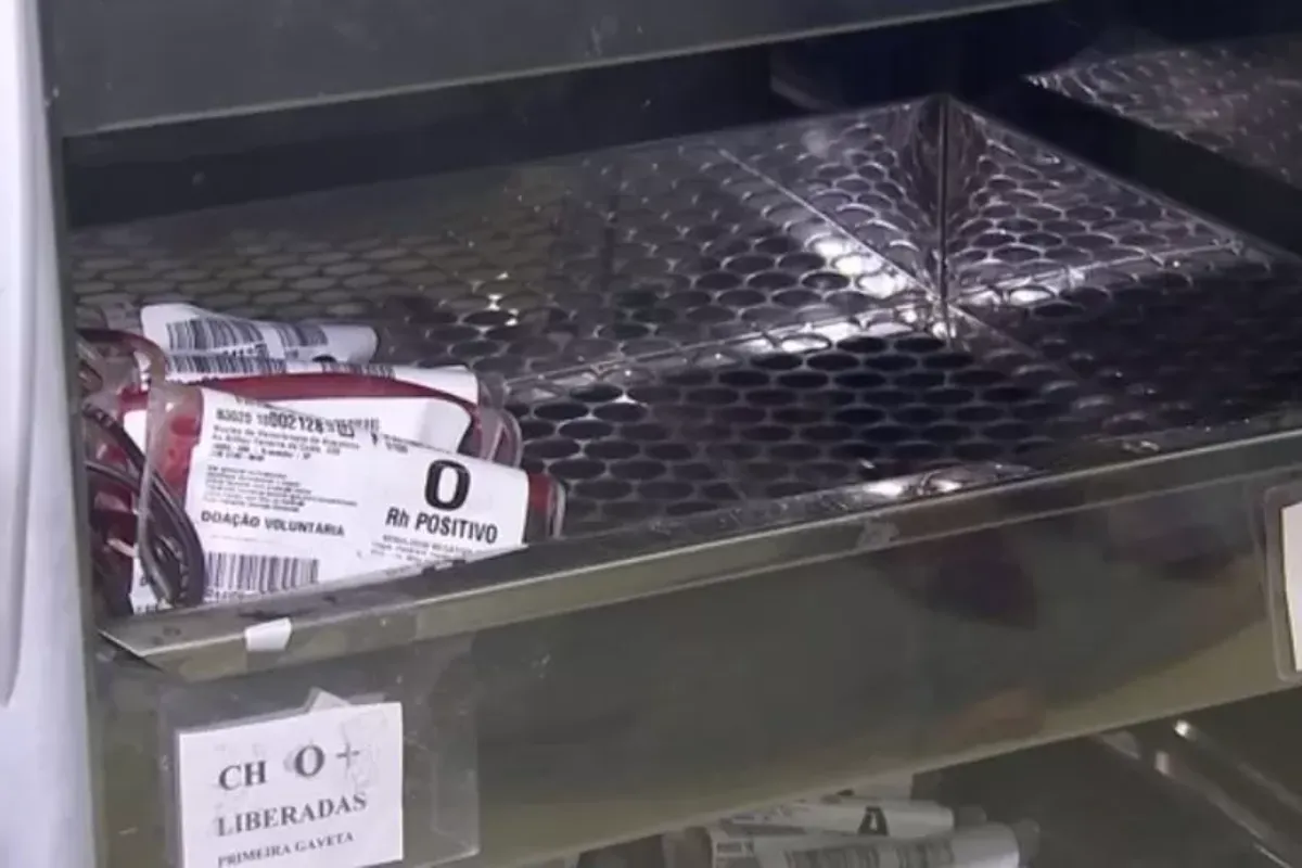 Bolsa de sangue sendo preenchida durante doação no Hemocentro de Araçatuba