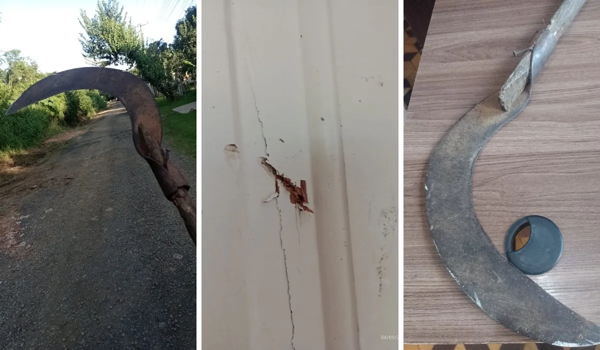 Policial conduzindo homem algemado em rua escura, com luzes de viatura ao fundo, simbolizando prisão por violência doméstica.