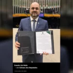 Homem preso por fraude, com brasão federal falso no cartão