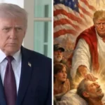 Donald Trump como figura de Jesus com luz divina, gerando polêmica