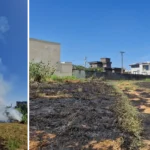 Incêndio em pastagem com fumaça sobre casas em Engenheiro Schmitt, Rio Preto