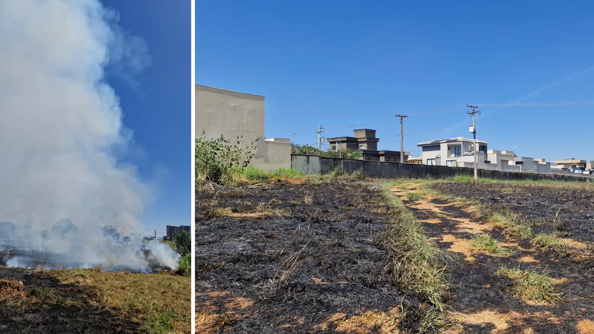 Incêndio em pastagem com fumaça sobre casas em Engenheiro Schmitt, Rio Preto