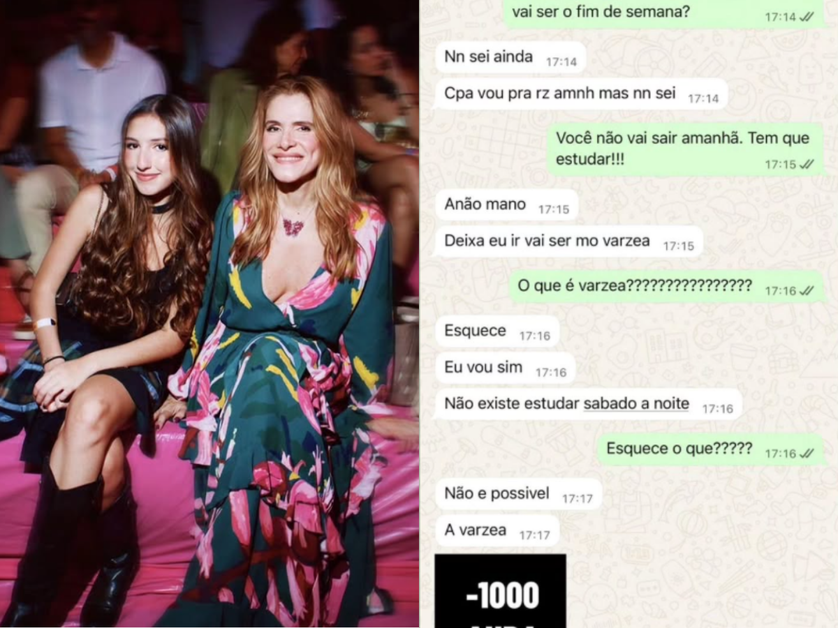 Ingrid Guimarães com a filha Clara, sorrindo e olhando o celular, enquanto tenta entender o linguajar adolescente.